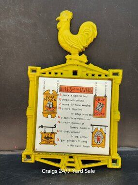 Cast Iron Trivet Yellow Rooster Rules Of The Tavern Vintage 70's Japan